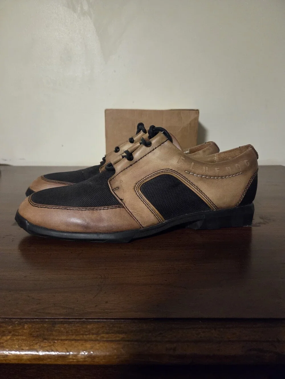 John Fluevog Radio Series Leather & Mesh Oxfords Brown/Black Mens Sz 9 Pre Owned